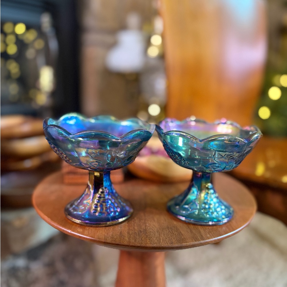 Vintage Blue Indiana Iridescent Glass Candle Holder
